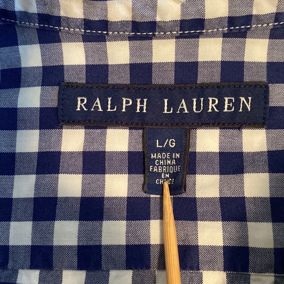 Ralph Lauren navy white gingham button down shirt yellow polo pony - Picture 5 of 13